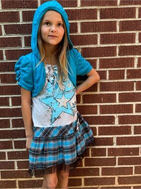 Tempted Girls Emo Plaid Set Hoodie Bolero Skirt Star Tee Y2K XL Kids